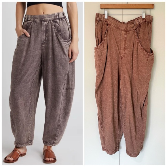 FREE PEOPLE High Road Solid Pull-On Barrel Pants in Brown - Picture 1 of 9
